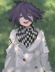  1boy 345_myk :d bush buttons checkered_clothes checkered_neckerchief checkered_scarf danganronpa_(series) danganronpa_v3:_killing_harmony double-breasted grey_jacket half-closed_eyes highres jacket long_sleeves male_focus neckerchief oma_kokichi open_mouth scarf smile solo upper_body violet_eyes 