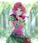  1girl asymmetrical_gloves belt_pouch clover fingerless_gloves fire_emblem fire_emblem:_the_sacred_stones forest four-leaf_clover gloves looking_at_viewer nature neimi_(fire_emblem) outdoors own_hands_together pink_eyes pink_hair pouch short_hair solo two-tone_headband upper_body yuyu_(spika) 