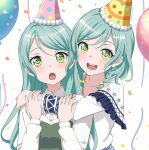 2girls absurdres aqua_hair balloon bang_dream! birthday bow braid capelet collarbone commentary confetti dress fries_vanquisher green_dress green_eyes hair_bow hat highres hikawa_hina hikawa_sayo hug hug_from_behind light_blush long_hair looking_at_viewer low_twin_braids medium_hair multiple_girls open_mouth party_hat shirt siblings smile surprised teeth twin_braids twins upper_body upper_teeth_only white_shirt