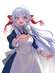  1girl apron blue_dress blue_eyes breasts collar dress elf eyebrows_hidden_by_hair hair_ribbon hand_on_own_chest highres large_ribbon long_hair looking_at_viewer maid maid_apron maou_no_ore_ga_dorei_elf_wo_yome_ni_shitanda_ga_dou_medereba_ii? medium_breasts metal_collar nephelia open_mouth pointy_ears red_ribbon ribbon simple_background smile solo upper_body user_cauw7333 very_long_hair white_apron white_background white_hair 