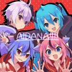  2girls 2others album_cover aqua_eyes aqua_hair black_choker black_hair black_hairband black_hoodie blue_eyes blue_hair choker closed_mouth collarbone cover fake_horns fang flower_(vocaloid) flower_(vocaloid4) gradient_hair hair_between_eyes hair_flaps hairband hatsune_miku highres hood hood_down hoodie horns kisalaundry long_hair looking_at_viewer meika_hime meika_mikoto multicolored_hair multiple_girls multiple_others open_mouth pink_hair pink_nails polka_dot polka_dot_background pout purple_hoodie red_background red_eyes romaji_text short_hair sidelocks skin_fang smile streaked_hair sweatdrop thick_eyebrows tomboy twintails violet_eyes vocaloid white_hair 