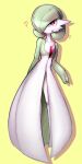  blueman282 bob_cut colored_skin dress gardevoir green_hair hair_over_one_eye heart highres looking_at_viewer multicolored_skin pink_eyes pokemon pokemon_(creature) simple_background smile two-tone_skin white_dress white_skin yellow_background 