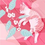  animal animal_focus branch cat closed_eyes closed_mouth clouds flower flower_request itou_shizu leaf lying no_humans on_side original shadow sleeping solo tabby_cat white_flower wooden_floor 