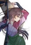  1girl boomerang breasts brown_eyes brown_hair fingerless_gloves gloves inuyasha japanese_clothes kimono lips long_hair medium_breasts motobi_(mtb_umk) oversized_object profile sango_(inuyasha) simple_background solo tsurime twitter_username upper_body white_background wide_sleeves 