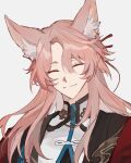  1boy animal_ear_fluff animal_ears chinese_clothes closed_eyes commentary english_commentary facing_viewer fox_ears grey_background honkai:_star_rail honkai_(series) jacket jiaoqiu_(honkai:_star_rail) long_hair male_focus muya_(77muya) pink_hair portrait red_jacket shirt simple_background sketch smile solo upper_body white_shirt 