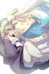  1boy 1girl anastasia_(fate) blue_cloak blue_eyes blush cloak dress echo_(circa) fate/grand_order fate_(series) fur_trim grey_hair grey_jacket hairband hood hood_up jacket kadoc_zemlupus long_hair long_sleeves open_mouth pants short_hair very_long_hair white_dress white_hair white_pants yellow_eyes 