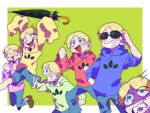  6+boys ^_^ anger_vein blonde_hair blue_eyes blue_hood blue_pants blue_shorts blush_stickers brown_footwear clenched_hand clenched_hands clenched_teeth closed_eyes dream_of_a_black_swan grin hand_in_pocket highres holding holding_umbrella hood hood_down hoodie jumping lobotomy_corporation long_sleeves looking_at_another male_focus multiple_boys open_mouth osomatsu-san osomatsu_(series) pants pink_hood project_moon red_hood shaded_face shoes short_hair shorts sleeves_rolled_up smile standing sunglasses sweatdrop teeth tomatomari umbrella v-shaped_eyebrows very_short_hair yellow_hoodie 