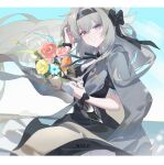  1girl :d absurdres black_dress black_hairband black_ribbon bouquet bow breasts collared_shirt dress firefly_(honkai:_star_rail) firefly_(jepella_rebellion)_(honkai:_star_rail) floating_hair grey_hair grey_jacket hair_between_eyes hair_bow hairband hand_in_own_hair highres holding holding_bouquet honkai:_star_rail honkai_(series) jacket katachi_noboru_nishikino long_hair looking_at_viewer medium_breasts neck_ribbon official_alternate_costume ribbon shirt smile two-tone_eyes upper_body 