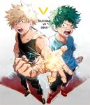  2boys anezu bakugou_katsuki bare_arms bare_shoulders black_footwear black_pants black_tank_top blonde_hair blood blood_on_face blue_shirt blurry boku_no_hero_academia character_name chromatic_aberration clenched_hand collarbone commentary cross-laced_footwear cuts depth_of_field electricity fingernails floating_clothes foreshortening freckles from_above full_body furrowed_brow green_eyes green_hair green_pupils hand_up injury instagram_username looking_at_viewer looking_to_the_side male_focus midoriya_izuku multiple_boys nosebleed open_mouth outstretched_arm outstretched_hand pants pixiv_username red_eyes red_footwear scar scar_on_arm scar_on_hand scratches serious shadow shirt shoes short_hair short_sleeves shorts side-by-side sideways_glance single_horizontal_stripe sleeveless sneakers sparks spiky_hair spoilers standing symmetrical_pose t-shirt tank_top twitter_username uneven_eyes v-shaped_eyebrows vs white_background 