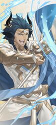  1boy absurdres animal_ears askr_(fire_emblem) blue_cape blue_eyes blue_hair cape commentary covered_abs cow_boy cow_ears dark-skinned_male dark_blue_hair dark_skin earrings fire_emblem fire_emblem_heroes highres holding holding_staff horns jewelry kozaki_yuusuke male_focus muscular muscular_male official_art official_wallpaper open_mouth skin_tight staff two-sided_cape two-sided_fabric white_cape 