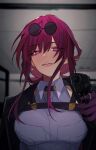  1girl black_jacket breasts commentary earrings eyewear_on_head gloves gun handgun highres holding holding_gun holding_weapon honkai:_star_rail honkai_(series) indoors jacket jewelry kafka_(honkai:_star_rail) long_hair looking_at_viewer medium_breasts open_clothes open_jacket purple_gloves purple_hair shino_(moi_0142) shirt solo sunglasses upper_body violet_eyes weapon white_shirt 