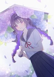  1girl blue_flower blue_sailor_collar blue_sky blush braid colored_inner_hair commentary dutch_angle flower highres holding holding_umbrella hydrangea leaf long_hair multicolored_hair neck_ribbon necojishi original parted_lips pleated_skirt purple_flower red_ribbon ribbon sailor_collar sailor_shirt school_uniform serafuku shirt skirt sky solo twin_braids umbrella violet_eyes 