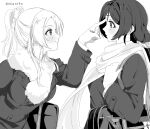  2girls absurdres ayase_eli bag buttons closed_mouth coat commentary double-breasted english_commentary finger_to_another&#039;s_face greyscale highres long_hair long_sleeves love_live! love_live!_school_idol_project monochrome multiple_girls niant9n pointing pointing_at_another ponytail scarf school_bag shoulder_bag smile tojo_nozomi upper_body 