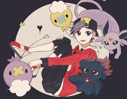  1boy :3 alternate_color animal_ears backwards_hat balloon baseball_cap black_hat black_pants colored_sclera drifloon espeon ethan_(pokemon) forehead_jewel grey_eyes grey_hair hand_on_own_knee hat heart highres hood hooded_jacket jacket knees_up long_sleeves looking_at_viewer male_focus mikakami1e misdreavus open_mouth pants pokemon pokemon_(creature) pokemon_hgss red_eyes red_footwear red_jacket shiny_pokemon shoes short_hair tail yellow_sclera 