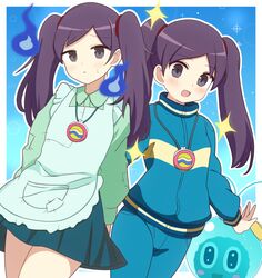  2girls apron aquaman.exe blue_background blue_jacket blue_pants blue_skirt blush border collared_shirt cowboy_shot curakuru dual_persona frown green_apron green_shirt grey_eyes highres hitodama jacket long_hair long_sleeves mega_man_(series) mega_man_battle_network_(series) mega_man_battle_network_4 mega_man_battle_network_6 miniskirt multiple_girls outside_border pants parted_lips patchwork_clothes pleated_skirt purple_hair shirt shuko_kido_(mega_man) skirt sparkle sweatdrop track_jacket track_pants track_suit twintails white_border 