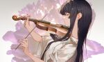  1girl arknights ascot black_ascot black_hair bow_(music) breasts cello closed_mouth collared_jacket commentary expressionless eyelashes fingernails from_side grey_eyes hair_flowing_over hands_up highres holding holding_bow_(music) holding_instrument instrument jacket kuren_kren long_hair looking_at_viewer looking_to_the_side music nail_polish pink_nails playing_instrument profile short-sleeved_jacket short_sleeves sideways_glance solo standing straight_hair upper_body virtuosa_(arknights) white_jacket wide_sleeves wing_collar 