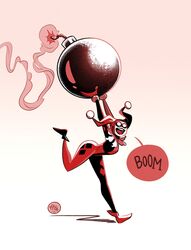  1girl :d absurdres arms_up black_bodysuit bodysuit bomb dc_comics explosive from_side harlequin harley_quinn hat highres holding holding_bomb jester_cap leg_up mikemaihack oversized_object red_bodysuit smile solo speech_bubble teeth upper_teeth_only 