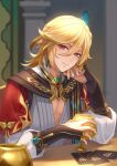  1boy black_gloves blonde_hair blurry blurry_background blurry_foreground cape card chalice closed_mouth commentary_request cup earrings elbow_rest feather_hair_ornament feathers fingerless_gloves genius_invokation_tcg genshin_impact gloves gold_trim hair_between_eyes hair_ornament hand_up head_rest head_tilt holding holding_cup indoors jewelry kaveh_(genshin_impact) long_hair long_sleeves looking_at_viewer male_focus necklace playing_card puffy_long_sleeves puffy_sleeves red_cape red_eyes shirt sidelocks smile solo table upper_body white_shirt yonaka_(yonaka221) 