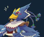  1boy bird_boy blue_background braid closed_mouth furry furry_male green_eyes looking_at_viewer male_focus revali scarf simple_background slit_pupils solo sparkle the_legend_of_zelda the_legend_of_zelda:_breath_of_the_wild ukata upper_body white_scarf 