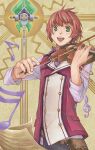  1boy 344_(sola) beamed_sixteenth_notes belt_pouch bow_(music) eighth_note eiyuu_densetsu elliot_craig green_eyes holding holding_instrument holding_violin instrument jacket mage_staff musical_note open_mouth pouch redhead school_uniform sen_no_kiseki short_hair smile solo staff thors_military_academy_class_vii_uniform treble_clef upper_body violin 