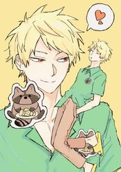  alternate_costume atou_haruki blonde_hair brown_pants closed_eyes closed_mouth collared_shirt gigantea_pp green_shirt hands_in_pockets heart male_focus multiple_views open_mouth pants polo_shirt raccoon red_eyes saibou_shinkyoku shirt short_hair simple_background smile spoken_heart untucked_shirt yellow_background yellow_footwear 