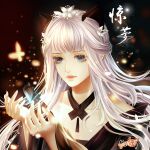  1girl anhuijinyu_(budinziailun) animal_ears blue_butterfly blue_eyes blurry blurry_background bug butterfly cat_ears extra_ears flower hair_flower hair_ornament hands_up highres lipstick long_hair looking_at_animal makeup original solo upper_body white_hair wide_sleeves yellow_butterfly 