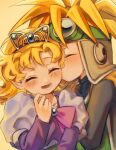  1boy 1girl black_bodysuit blonde_hair blush bodysuit brother_and_sister cape closed_eyes dragon_quest dragon_quest_ii dress facing_another goggles goggles_on_head goggles_on_headwear green_tabard highres juliet_sleeves kiss kiss_day kissing_cheek long_sleeves medium_hair nogo_(nogo_059) open_mouth orange_cape prince prince_of_samantoria princess princess_of_samantoria puffy_sleeves siblings smile spiky_hair tabard tiara turtleneck turtleneck_bodysuit upper_body 