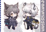  2boys animal_ears arknights black_cape black_cat black_gloves black_jacket black_necktie black_pants blue_eyes bow bowtie brown_hair cane cape cat cat_ears chibi chinese_commentary christine_(arknights) commentary_request commission full_body gloves grey_eyes grey_hair grey_suit highres jacket looking_at_viewer multiple_boys necktie nitrogen_owo pants phantom_(arknights) pinstripe_pattern pinstripe_suit red_bow red_bowtie silverash_(arknights) snow_leopard_boy snow_leopard_ears snow_leopard_tail suit two-sided_cape two-sided_fabric watermark yellow_cape yellow_eyes zoom_layer 