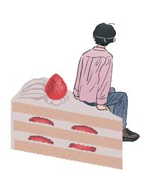  1boy arm_support black_hair black_pants blue_pants brown_footwear cake cake_slice denim facing_away food from_behind fruit full_body highres jeans long_sleeves male_focus meguru_desu original oversized_food oversized_object pants pixelated short_hair simple_background sitting solo strawberry strawberry_shortcake white_background 