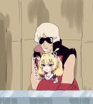  1boy 1girl ahoge blonde_hair blue_archive brown_eyes char_aznable closed_mouth collarbone commentary_request crossover gloves gundam hair_ornament halo highres hug hug_from_behind school_uniform sleeveless suecovsky sunglasses sweat yoshimi_(blue_archive) 