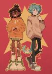  2boys animal_ears blue_hair cat_boy cat_ears cat_tail child darwin_watterson dreadlocks fins fish_boy fish_tail full_body green_shorts gumball_watterson head_fins highres humanization kemonomimi_mode long_sleeves looking_at_another male_focus multiple_boys orange_sweater pants red_background short_hair shorts simple_background skelestonkss standing sweater tail the_amazing_world_of_gumball torn_clothes untied_shoe 