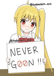  1girl blonde_hair bocchi_the_rock! english_text female habanero_art holding_sign ijichi_nijika long_hair looking_at_viewer meme smile solo table tied_hair white_background 