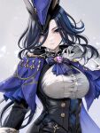  1girl ascot black_hair black_skirt blue_ascot blue_cape breasts cape celsior clorinde_(genshin_impact) corset earrings genshin_impact gloves grey_background hat jewelry long_hair looking_at_viewer medium_breasts shirt skirt solo tricorne upper_body very_long_hair violet_eyes white_gloves white_shirt 