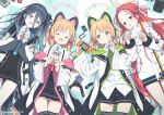  4girls :d ^_^ animal_ear_headphones animal_ears aris_(blue_archive) black_hair black_skirt blonde_hair blue_archive blue_bow blue_eyes bow braid cat_ear_headphones cat_tail closed_eyes commentary_request fake_animal_ears fake_tail game_boy game_development_department_(blue_archive) green_eyes green_halo hair_between_eyes hair_bow halo handheld_game_console headphones highres jacket kanzaki_hiro long_hair long_sleeves looking_at_another lying midori_(blue_archive) momoi_(blue_archive) multiple_girls on_back pink_halo pleated_skirt red_bow redhead shirt short_hair skirt smile tail thighs twitter_username very_long_hair white_jacket white_shirt yellow_halo yuzu_(blue_archive) 