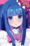  1girl :&lt; blue_eyes blue_hair blunt_bangs choker closed_mouth commentary dress flower furudo_erika hair_flower hair_ornament highres light_blush long_hair looking_at_viewer nyandisk pink_background pink_flower pink_ribbon ribbon sidelocks simple_background single_tear solo symbol-only_commentary twintails umineko_no_naku_koro_ni upper_body very_long_hair white_choker white_dress 