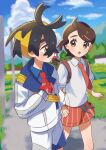  1boy 1girl :o ahoge backpack bag black_hair blue_shirt blurry blurry_background blush braid brown_bag brown_eyes brown_hair closed_mouth clouds collared_shirt commentary_request crossed_bangs day eyelashes hair_between_eyes hairband highres holding_hands jacket juliana_(pokemon) kieran_(pokemon) knees mole mole_on_neck necktie open_mouth orange_(orangelv20) orange_necktie orange_shorts outdoors pokemon pokemon_sv red_necktie school_uniform shirt shorts sky standing white_shirt yellow_hairband 