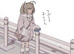  1girl bag blue_gloves boots brown_coat brown_hair closed_eyes coat feet_out_of_frame fur-trimmed_boots fur-trimmed_coat fur_trim gloves grey_coat grey_footwear grey_skirt hair_ribbon hand_in_pocket hand_on_railing highres idolmaster idolmaster_cinderella_girls knee_boots long_sleeves medium_hair neck_ribbon open_mouth ribbon sato_shin shadow shoulder_bag sidelocks simple_background skirt solo standing translation_request twintails unworn_gloves white_background white_ribbon yawarakai_inu 