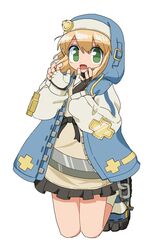  1girl androgyne_symbol black_gloves black_skirt blonde_hair bridget_(guilty_gear) cocia_(kosianko) commentary_request cuffs female_focus fingerless_gloves gloves guilty_gear habit handcuffs hood hood_up hooded_jacket hoodie jacket long_sleeves looking_at_viewer open_clothes open_hoodie open_mouth skirt smile 