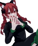  1girl animal_ear_fluff animal_ears aoringo_orin black_dress bow braid cat_ears dress extra_ears frills green_dress hair_bow hand_to_hand highres kaenbyou_rin looking_at_viewer pointy_ears red_eyes red_nails redhead simple_background solo touhou tsurime twin_braids white_background zettai_ryouiki 