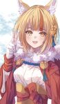  1girl :d animal_ear_fluff animal_ears blonde_hair breasts cropped_jacket fangs fingerless_gloves fire_emblem fire_emblem_fates fox_ears fox_girl fur_collar fuussu_(21-kazin) gloves hair_ornament hand_up jacket japanese_clothes kimono light_blush medium_breasts multicolored_hair open_clothes open_jacket open_mouth orange_hair red_jacket selkie_(fire_emblem) short_hair smile solo streaked_hair tassel teeth two-tone_hair upper_teeth_only white_gloves white_kimono yellow_eyes 