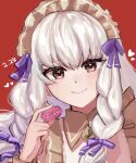  1girl braid commentary fire_emblem fire_emblem:_three_houses fire_emblem_heroes food hair_ribbon highres holding holding_food leon0630claude looking_at_viewer lysithea_von_ordelia macaron maid maid_headdress official_alternate_costume official_alternate_hairstyle purple_ribbon red_background ribbon smile solo twin_braids upper_body white_hair 
