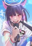  1girl animal_ears black_hair blue_archive blue_sky blurry bracelet cat_ears cat_girl clothes_writing clouds colored_inner_hair commentary_request day extra_ears halo highres holding holding_microphone jewelry kazusa_(band)_(blue_archive) kazusa_(blue_archive) looking_at_viewer microphone multicolored_hair nikulas_cage official_alternate_costume open_mouth outdoors pink_eyes pink_hair pink_halo shirt short_hair sky solo two-tone_hair upper_body white_shirt 