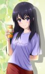 1girl absurdres arm_behind_back black_hair breasts brown_pants can closed_mouth hibike!_euphonium highres holding holding_can juice kousaka_reina long_hair looking_at_viewer medium_breasts orange_juice pants purple_shirt purple_t-shirt red_pants rozario_0112 shirt smile solo sparkle t-shirt upper_body violet_eyes