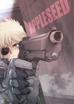  1girl absurdres aiming appleseed beretta_92 black_gloves blue_eyes closed_mouth collared_jacket copyright_name deunan_knute english_text eyepatch finger_on_trigger fingerless_gloves frown gloves grey_gloves grey_jacket gun handgun highres holding holding_gun holding_weapon jacket kikumaru_bunta long_sleeves looking_ahead muted_color popped_collar short_hair solo two-tone_gloves upper_body weapon weapon_focus white_hair 