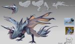  animal_focus artist_name bird blue_nails claws extra_eyes from_side full_body gradient_background grey_background highres monster multiple_views no_humans old-night open_mouth original photo_inset reference_inset scales sea_slug signature simple_background tail talons wings 