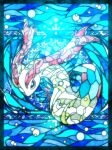  air_bubble antennae bubble fish highres milotic noive_n71 pokemon pokemon_(creature) red_eyes signature snake solo stained_glass water 