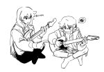  2girls commentary crossed_legs drawstring electric_guitar full_body girls_band_cry greyscale guitar hood hoodie instrument iseri_nina jacket kawaragi_momoka korean_text long_hair looking_at_another mmnn_gbc monochrome multiple_girls open_clothes open_jacket open_mouth pantyhose playing_guitar pointing pointing_at_another short_twintails shorts sitting socks spoken_squiggle squiggle translation_request twintails 