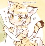  1girl animal_ear_fluff animal_ears blush bow bowtie cat_ears cat_tail elbow_gloves flying_sweatdrops gloves highres kemono_friends looking_at_viewer monochrome open_mouth sand_cat_(kemono_friends) shirt short_hair skirt solo suicchonsuisui tail translation_request white_shirt yellow_eyes 