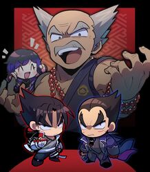  1girl 3boys angry balding bead_bracelet beads black_hair black_necktie bracelet chibi facial_hair fingerless_gloves fingernails gloves grey_hair grey_pants grey_shirt grey_vest grimace highres jewelry kazama_jin kotorai looking_at_viewer mishima_heihachi mishima_kazuya multiple_boys mustache necktie no_nose old old_man open_mouth pants reina_(tekken) scar scar_on_face shirt short_hair studded_gloves tekken tekken_8 thick_eyebrows v-shaped_eyebrows vest 