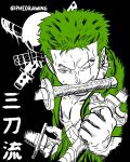  1boy abs artist_name earrings green_hair highres holding holding_sword holding_weapon instagram_username jewelry katana male_focus mouth_hold one_eye_closed one_piece phedrawing roronoa_zoro scar scar_across_eye scar_on_chest scar_on_face short_hair single_earring smile solo sword teeth translation_request weapon 